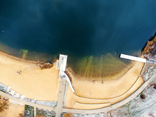 Bay, beach, sand, water, sea, lake. Aerial view, seascape, winter.