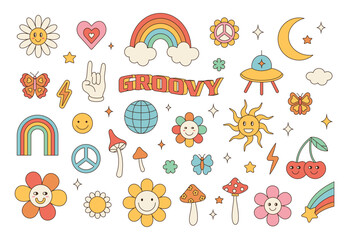 Groovy hippie 70s set. Funny cartoon flower, rainbow, peace, Love, heart, daisy, mushroom etc. Sticker pack in trendy retro psychedelic cartoon style.