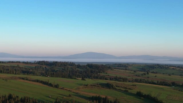 Aerial landscape view with a Babia Gora massif at sunrise in Poland