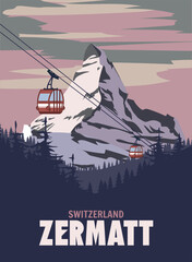 Zermatt Ski resort poster, retro. Alpes Winter travel card