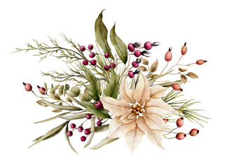 Watercolor hand drawn bohemian christmas bouquet. Floral arrangement with poinsettia, pine twigs, berries, eucalypt in boho color palette