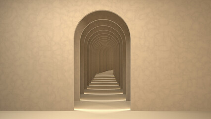 3d Surreal Render, Abstract Arch Tunnel Scene for Product Display.