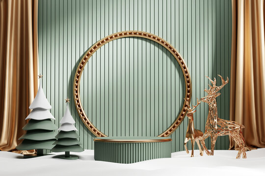 Luxury Merry Christmas product display podium with pine tree and decoration 3d render