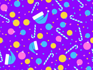 Christmas seamless pattern with Christmas balls, lollipops and Santa Claus hats. Merry Christmas. Xmas design in blue and violet colors for print, wrapping paper and posters. Vector illustration