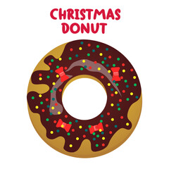 White background with the red inscription Christmas chocolate Donut with red bows and colorful circles