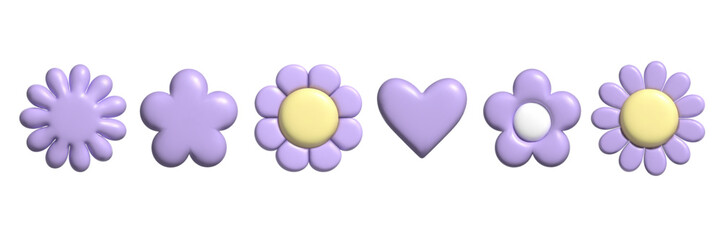 3D pastel flower and heart set. Y2k daisy stickers in trendy plastic style. Vector illustration with plasticine effect isolated on withe background. 3D render. - obrazy, fototapety, plakaty