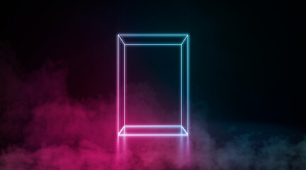 Colored neon glowing rectangle box stand in darkness, fog effect