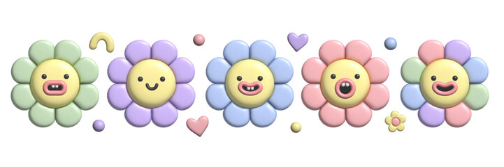 3D pastel flower set. Y2k cute smile daisy stickers in trendy plastic style. Vector illustration with plasticine effect isolated on withe background. 3D render.