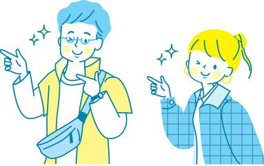 笑顔で指差しするオシャレな男女のカップルのベクターイラスト素材