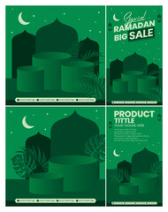 Islamic pedestal podium for social media feeds and stories with night view mosque silhouette and tropical leaves. Suitable for product promotions, Ramadan, Eid al-Adha, Eid al-Fitr and other purposes.