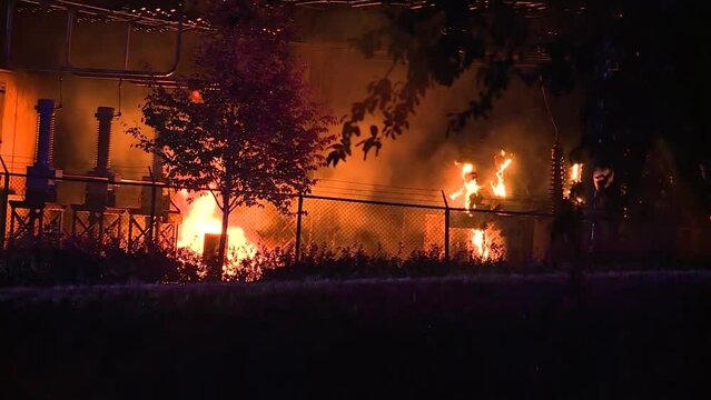TRANSFORMER SUBSTATION FIRE AT NIGHT