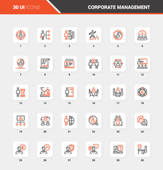 Vector set of corporate management flat line web icons. Each icon with adjustable strokes neatly designed on pixel perfect 48X48 size grid. Fully editable and easy to use.