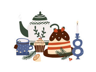 Christmas holiday food desserts cake, cupcake, hot teapot with cup of tea, candle. Winter hot drink sweet food. Vector illustration in flat style isolated on white background