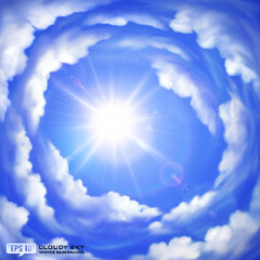 Vector background of cloudy summer sky with bright sun and lens flares