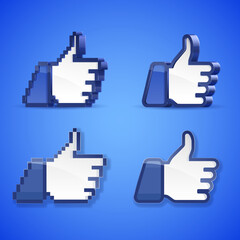 Obraz premium Vector set of high detailed thumb up symbols on blue background.