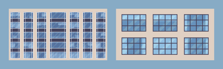 Facade windows in building, modern business center set. Industrial glass exterior, security, aesthetics, safety, modern apartment blue texture and pattern, planning urban design. Vector illustration