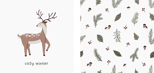 Cute cozy winter animal deer and floral seamless pattern. Scandinavian forest woodland, botanical leaves, branches, acorns. Vector illustration in hand drawn flat style