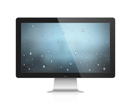 Realistic vector illustration of computer monitor with water drops wallpaper on screen isolated on white background
