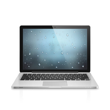 High detailed realistic vector illustration of modern laptop with water drops wallpaper on screen isolated on white background