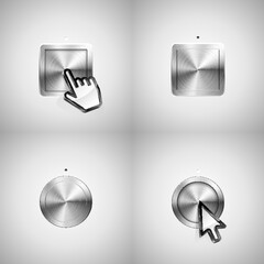 Vector illustration of cursors pointing to brushed metallic buttons.