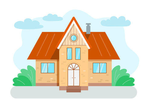 Illustration of cute brick single family two story house. Facade of building with an entrance door and windows. Exterior of classic country villa. Private real estate. Colored flat vector graphics.