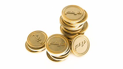 3d render of golden Stack of dirham coins isolated on white background,