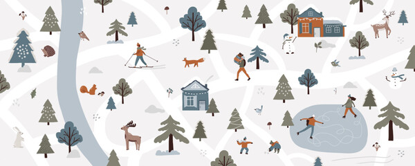 Fototapeta na wymiar Winter map snowy scene landscape in town village with people outdoor activity skating, skiing. Cozy houses in forest, river, trees, animals deer, moose, fox, squirrel. Vector illustration flat style