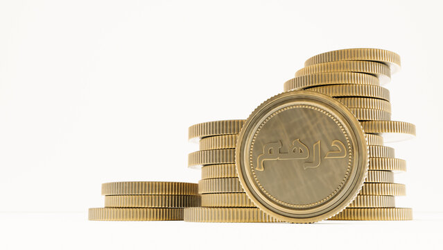 3d render of golden Stack of dirham coins isolated on white background,