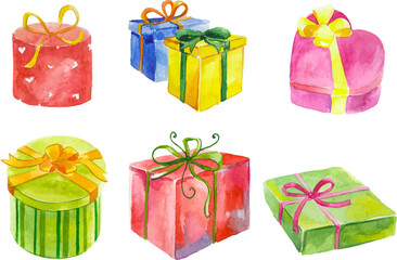 Watercolor painted collection of gift boxes. Hand drawn holiday design elements isolated on white background.