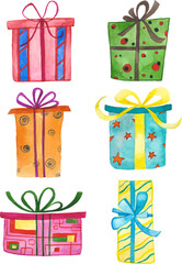 Watercolor painted collection of gift boxes. Hand drawn holiday design elements isolated on white background.