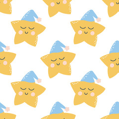 Childish seamless pattern with a cute star. Pattern for childrens pajamas. Wallpaper with a star in a nightcap. Vector illustration. Hand drawn illustration in scandinavian style.