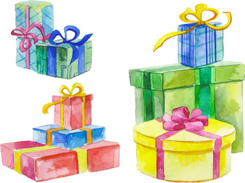 Watercolor painted collection of gift boxes. Hand drawn holiday design elements isolated on white background.