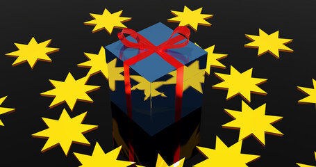 Render with a blue gift box with a red ribbon on a background of yellow stars