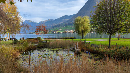 Fototapeta na wymiar View at the park of Buochs in Switzerland