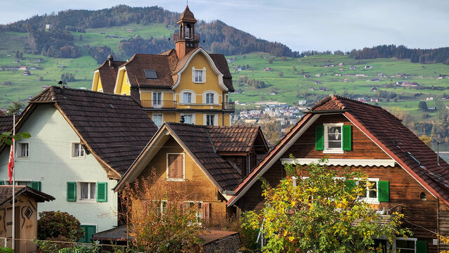 Houses of Buochs on the Swiss alps