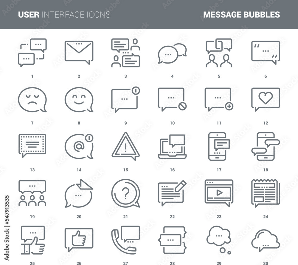 Wall mural vector set of message bubbles flat line web icons. each icon with adjustable strokes neatly designed