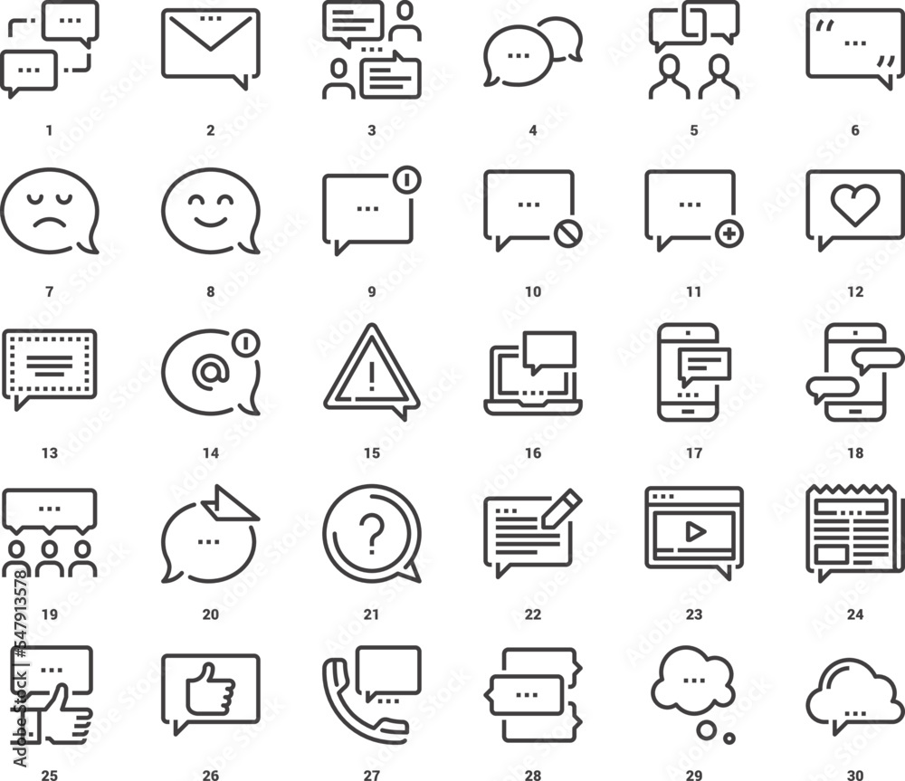 Wall mural vector set of message bubbles flat line web icons. each icon with adjustable strokes neatly designed