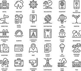 Vector set of travel and vacation flat line web icons. Each icon with adjustable strokes neatly designed on pixel perfect 48X48 size grid. Fully editable and easy to use.