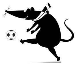 Illustration of rat or mouse playing football. 
Cartoon rat or mouse football player kicking a ball. Black on white illustration

