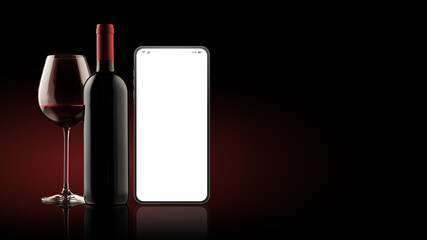 Wine app on smartphone, bottle and wine glass