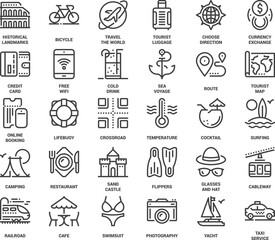 Vector set of leisure and tourism flat line web icons. Each icon with adjustable strokes neatly designed on pixel perfect 48X48 size grid. Fully editable and easy to use.