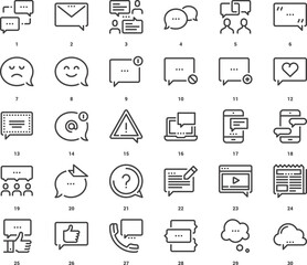 Vector set of message bubbles flat line web icons. Each icon with adjustable strokes neatly designed on pixel perfect 48X48 size grid. Fully editable and easy to use.