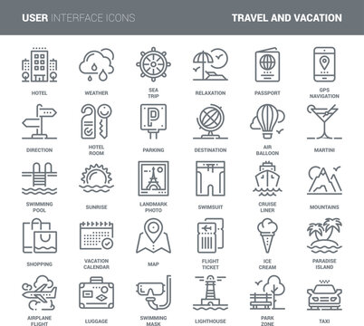 Vector set of travel and vacation flat line web icons. Each icon with adjustable strokes neatly designed on pixel perfect 48X48 size grid. Fully editable and easy to use.