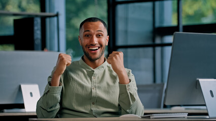 African American worker typing computer multiracial businessman entrepreneur manager in office win...