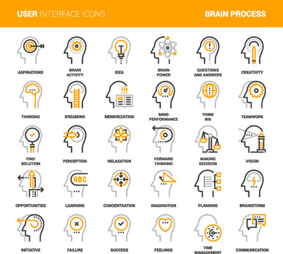 Vector set of thinking and brain process flat line web icons. Each icon with adjustable strokes neatly designed on pixel perfect 48X48 size grid. Fully editable and easy to use.