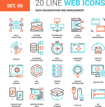 Vector set of data organization and management line web icons. Each icon with adjustable strokes neatly designed on pixel perfect 64X64 size grid. Fully editable and easy to use.