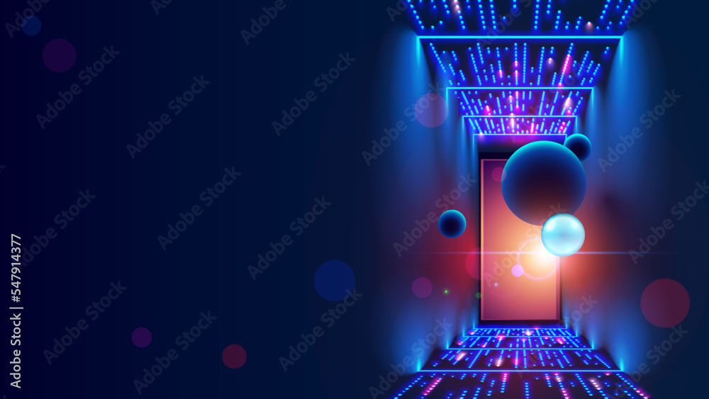 Poster Futuristic door in cyber space. Digital Data center is portal in virtual metaverse. Abstract path to virtual reality. Fantasy cyber door in digital world. Gate in artifical digital universes.
