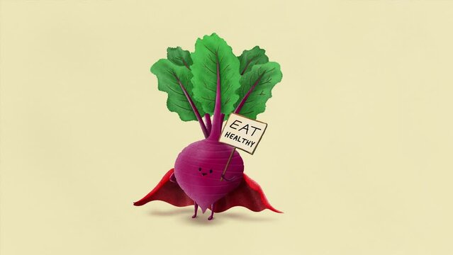 A beet root hero is holding an EAT HEALTHY sign and protesting for healty lifestyle. Cute and high quality motiongraphics, ideal as blog or article animation and illustration. Easily adjustable to gif