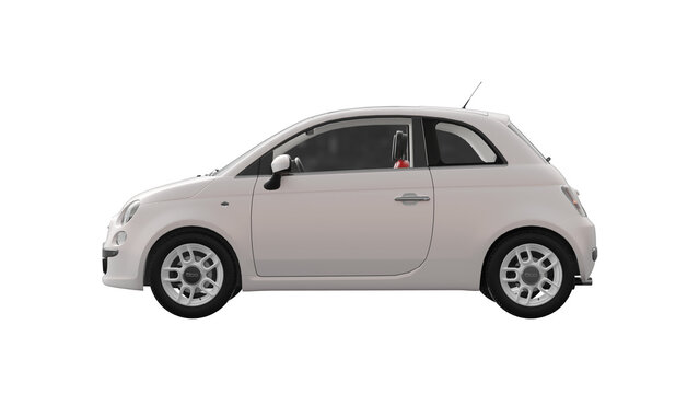 FIAT 500 3d rendering of 500 car on transparent PNG background, WHITE side view	
