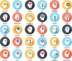 Abstract vector set of colorful flat thinking and brain process icons with long shadow. Concepts and design elements for mobile and web applications.